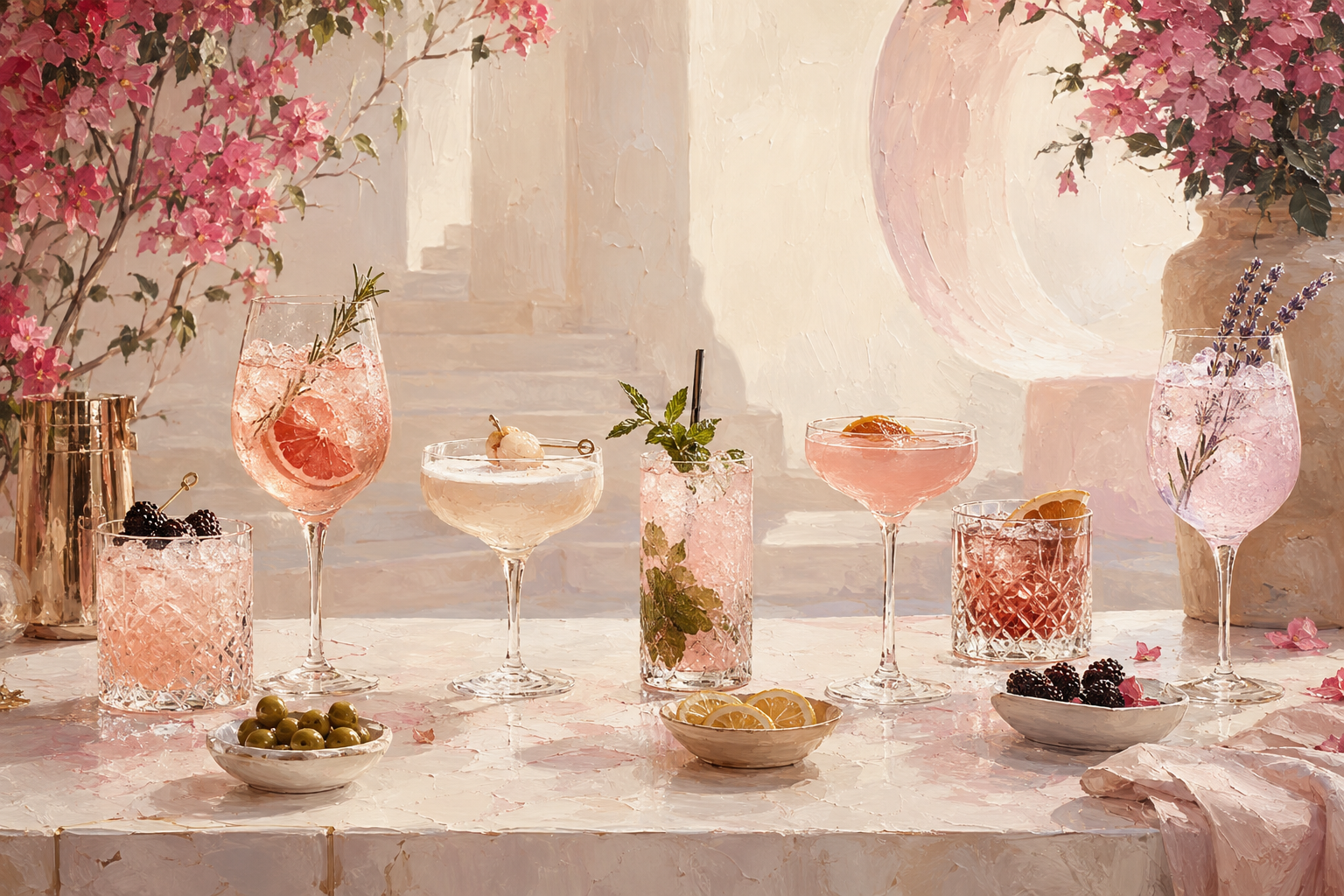 Painted terrace table with pastel cocktails surrounded by pink blossoms