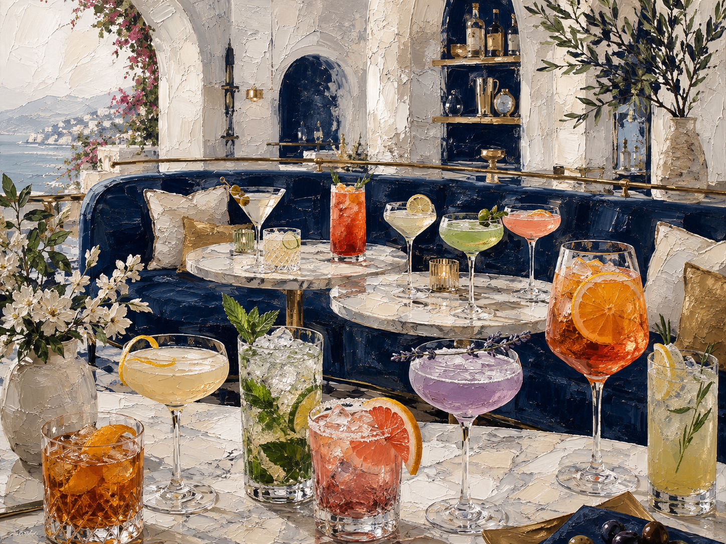 Painted Mediterranean terrace bar with cocktails on marble tables and a navy velvet banquette