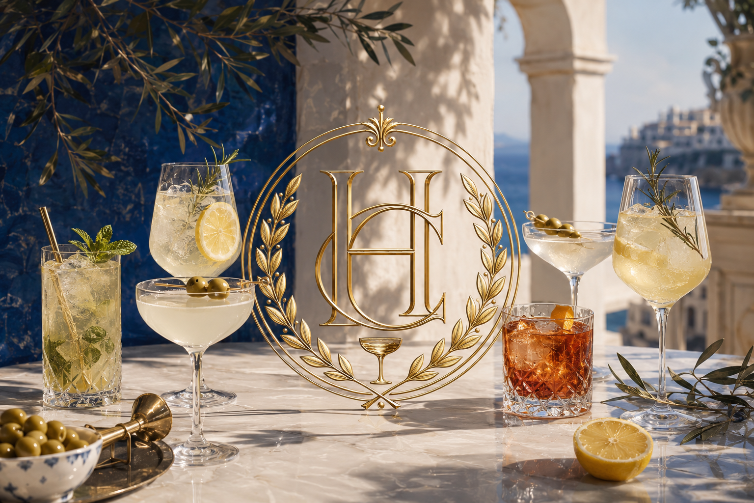 House of Cocktails gold crest on a Mediterranean terrace with classic cocktails on marble