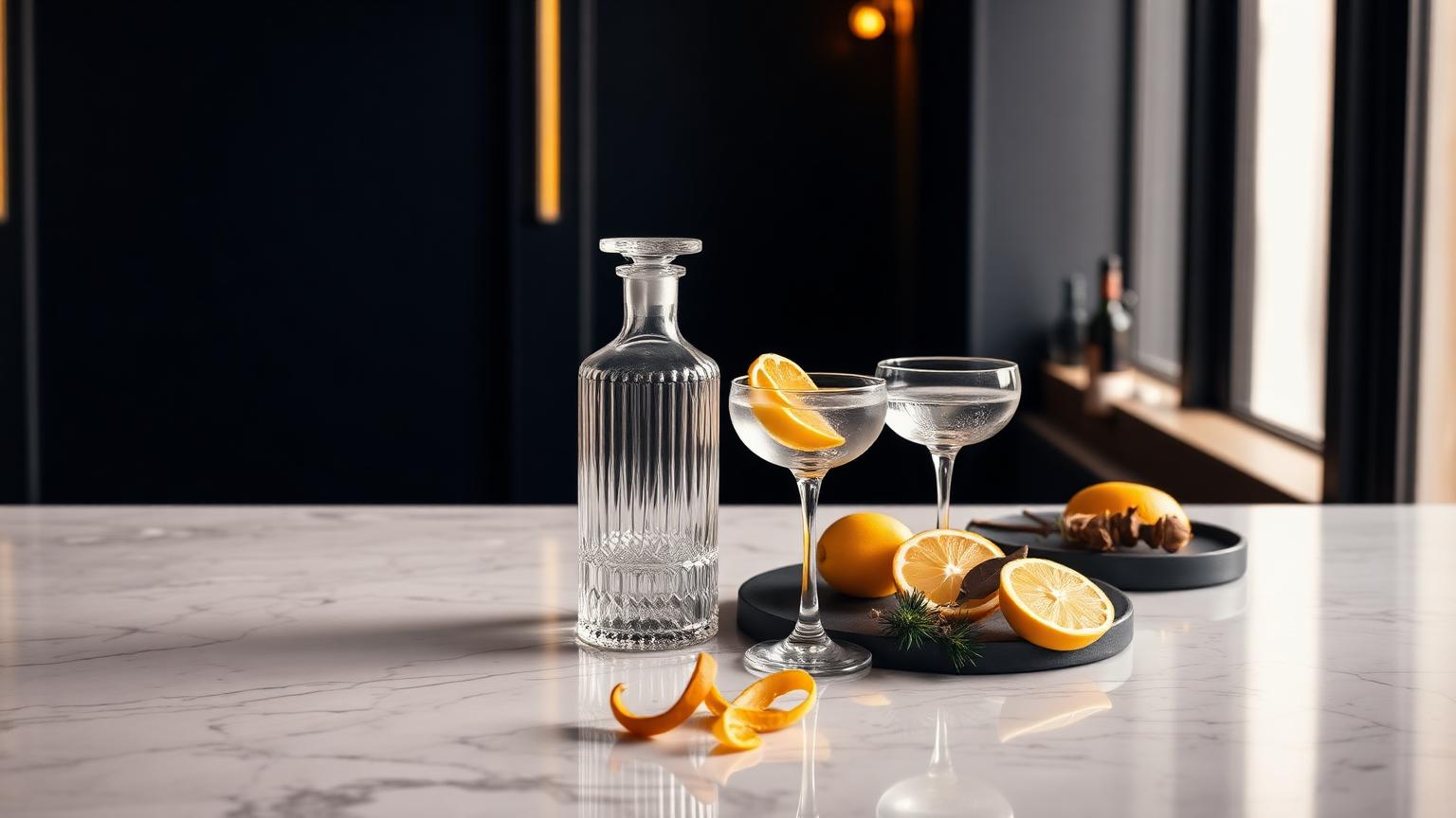 Bottles of spirits and liqueurs arranged on a marble bar